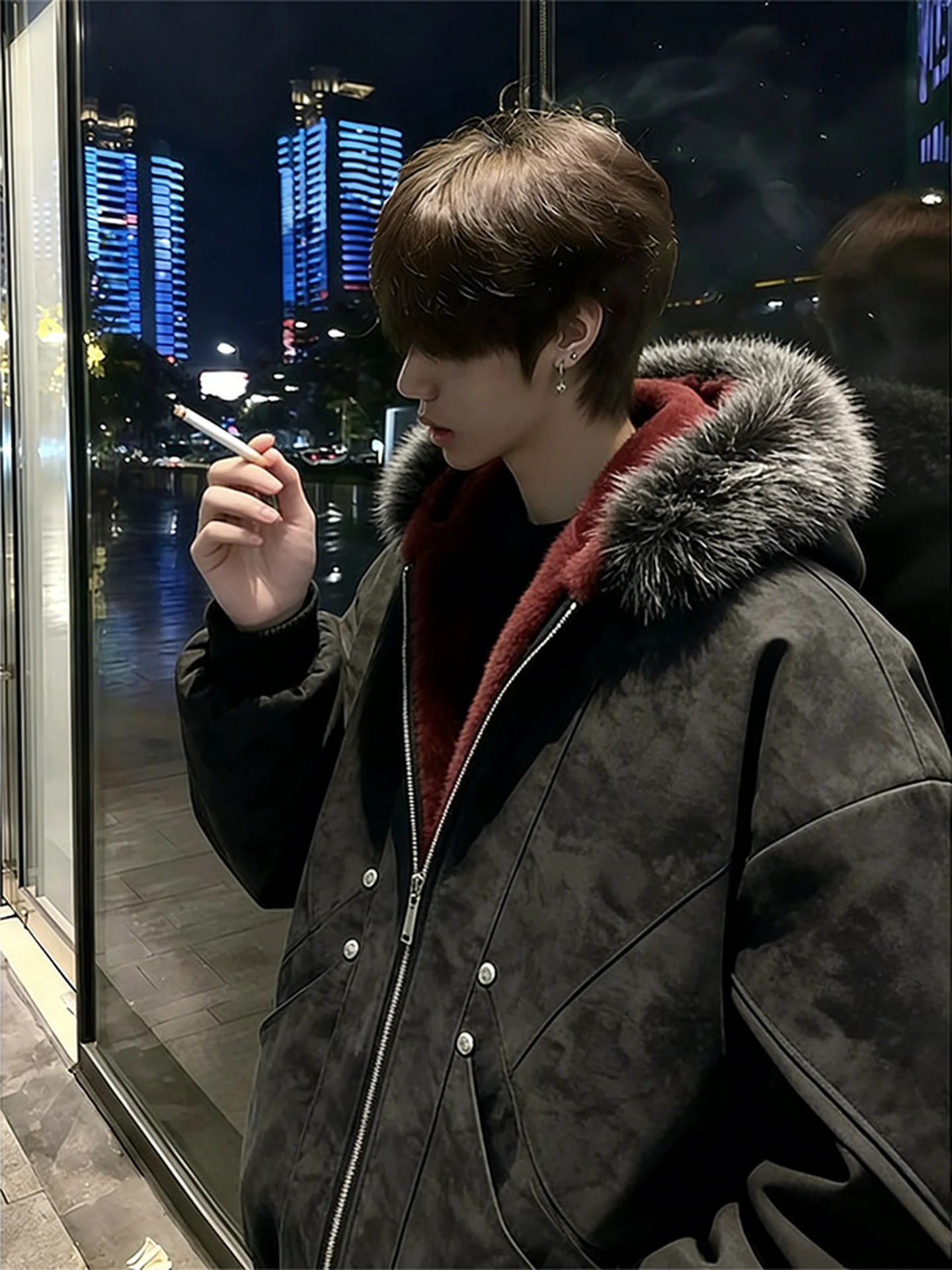 

Wolf King Red Inner PU Leather Flight Jaet Thiened Winter Cotton Coat Men's Casual Sle Long Sve Zipper Closure Coat