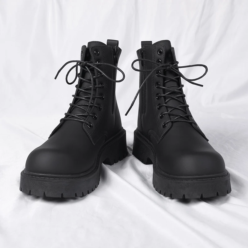 Men\'s Workwear Boots Autumn British Style Retro Round Head Solid Colour Footwear Lace Up Walking Shoes Ride Long boots