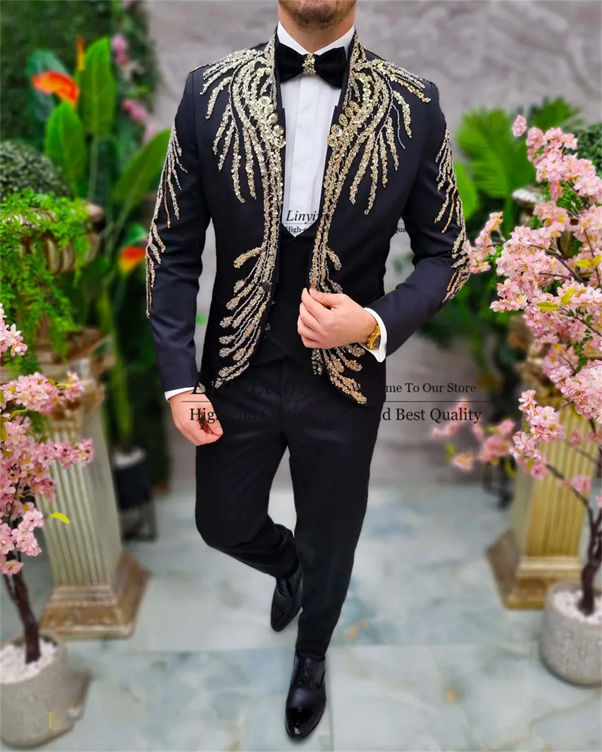 Luxury Beaded Crystals Men Suits For Wedding Slim Groom Tuxedos 3 Pieces Sets Party Male Prom Blazers Customized Costume Homme