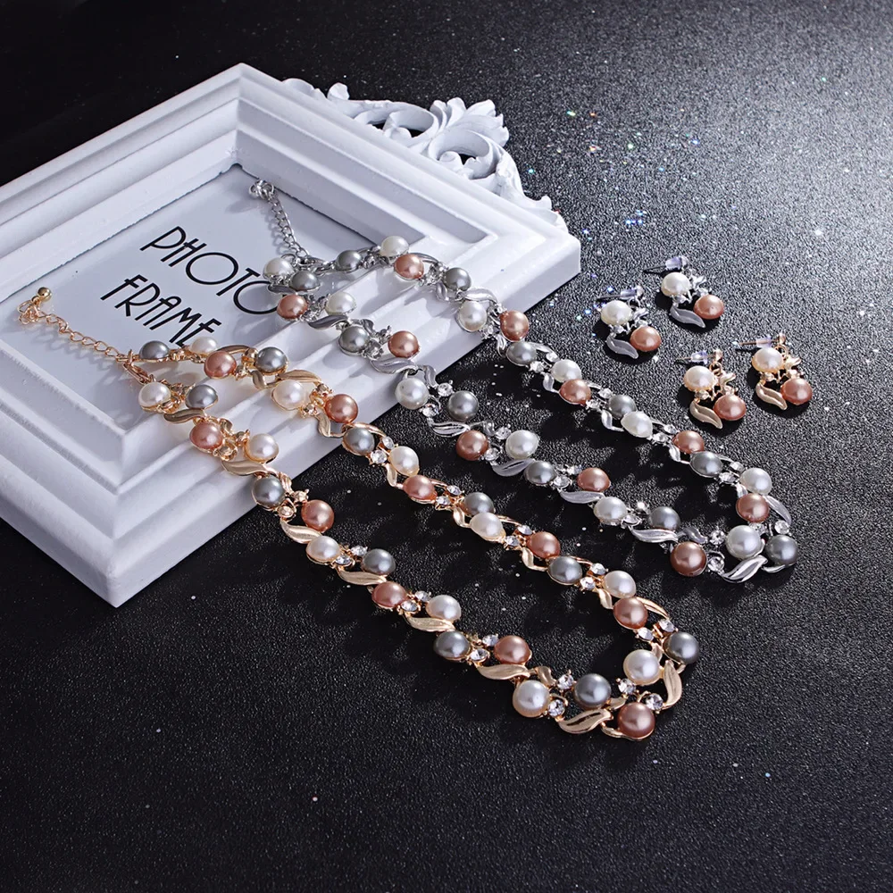 Fashion Imitation Pearl Wedding Necklace Earring Set Bridal for Women Elegant Rhinestone Jewelry Sets Party Gift