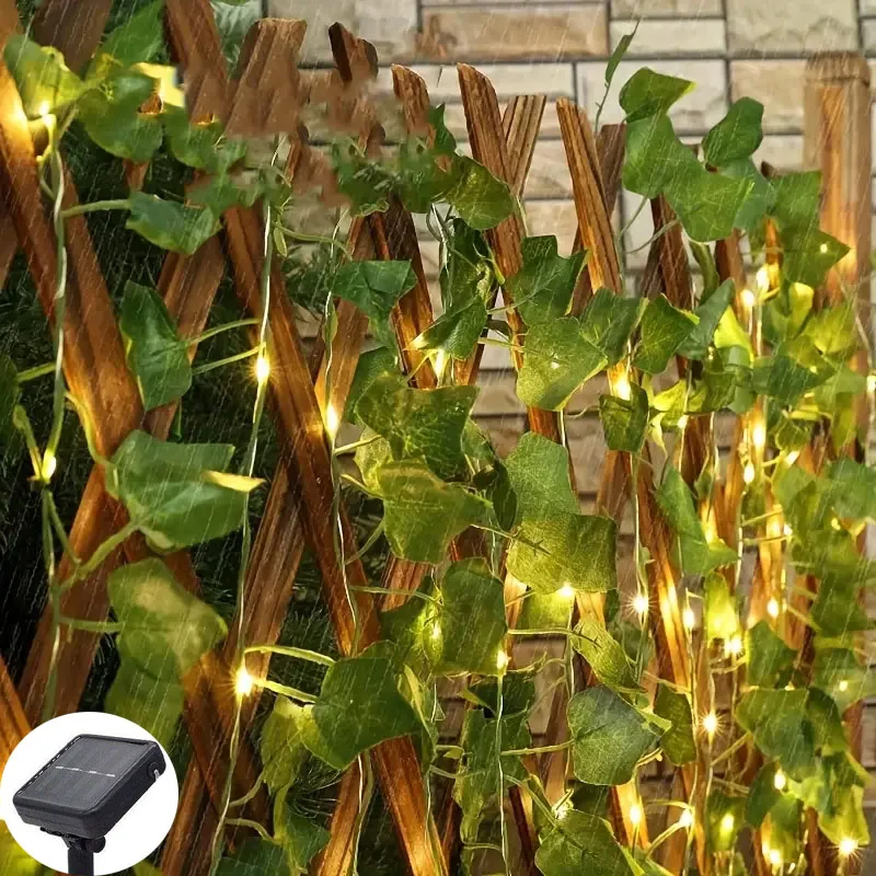 Solar LED Simulated Green Leaf Vine Copper Wire Light Courtyard Balcony Fence Wall Atmosphere Decoration IP44 Outdoor Light