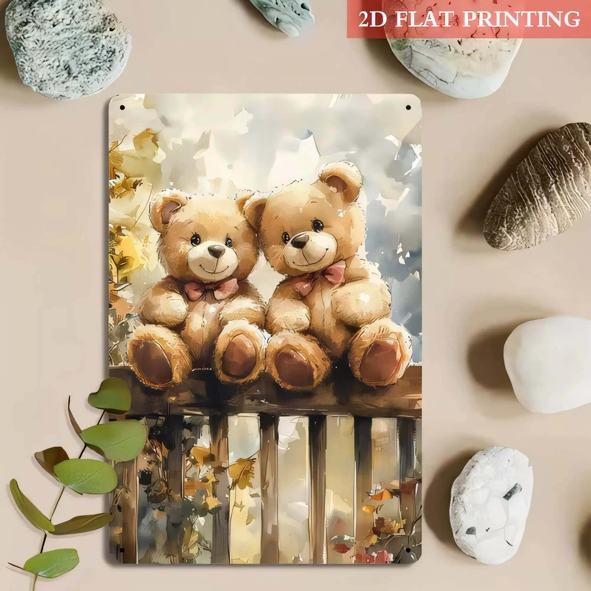 Tin Sign 2D Flat Printing Cute Couple Teddy Bears Hanging Clothesline Illustration Metal Wall Decor for Kids Room Bedroom Nurser