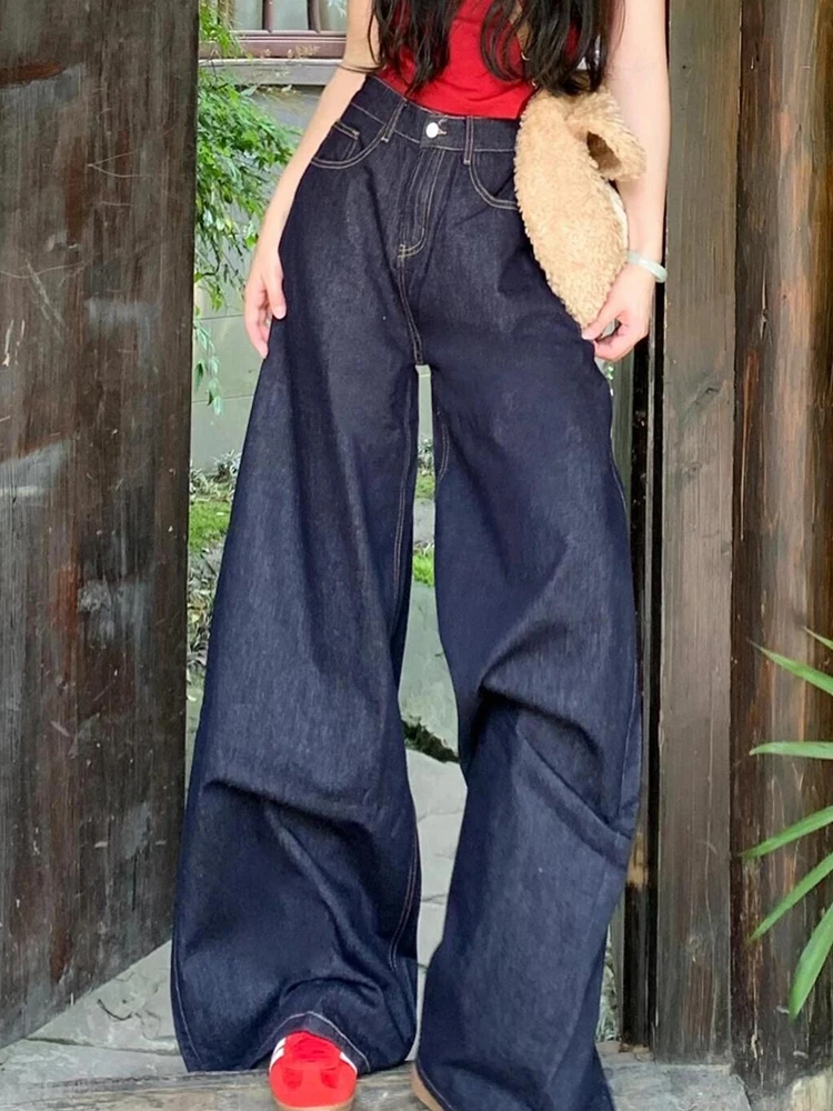 Solid Color High Waist Classic Full Length Female Wide Leg Pants American Vintage Washed Fashion Casual Loose Simple Women Jeans