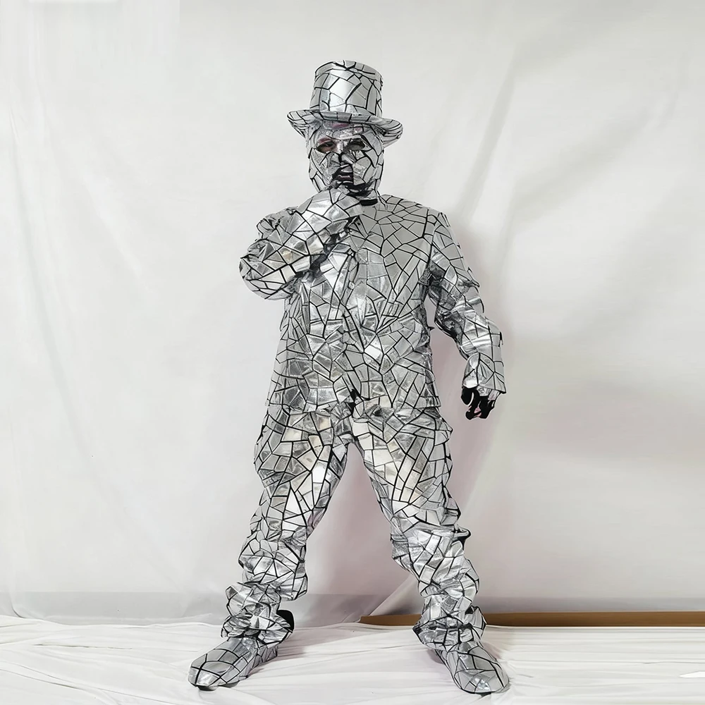

LED Mirror Costume for Men silvery blue Sci-Fi Robot Suit with Glowing Lights for Stage Performance DJ Rave Cosplay