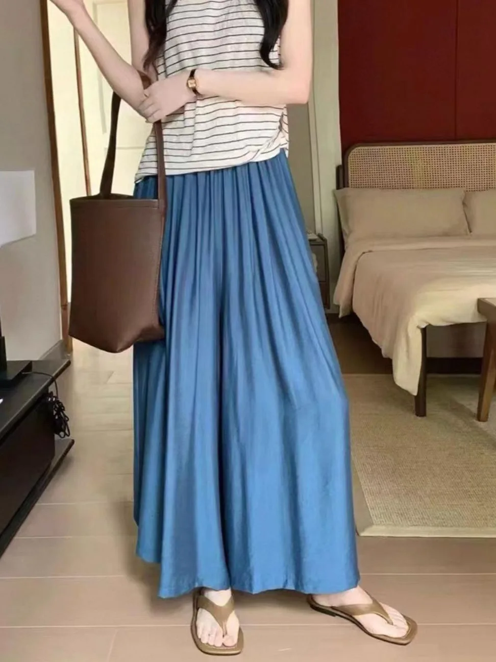 ワイドレッグパンツ ブラウン レディース 春 レディ モーダル ピーチミルキー バンチドパンツ パーソナライズされたバンド付き衣類 アメリカンスタイル レトロ