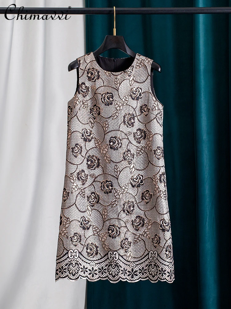 

French Elegant Fashion Socialite Party Dress Jacquard Embroidery Round Neck Sleeveless High Waist A-line Slim Short Dress Women