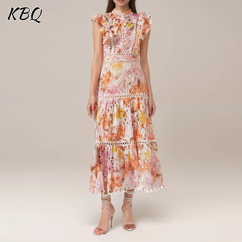 

KBQ Colorblock Floral Printing Hollow Out Dress For Women Stand Collar Sleeveless High Waist Temperament Dresses Female Fashion