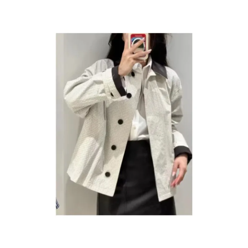 

Tiny Grid Plaid Cropped Jacket Contrast Faux Leather Lapel Collar Single Button Turn Up Cuff Loose Casual Short Outerwear 260701