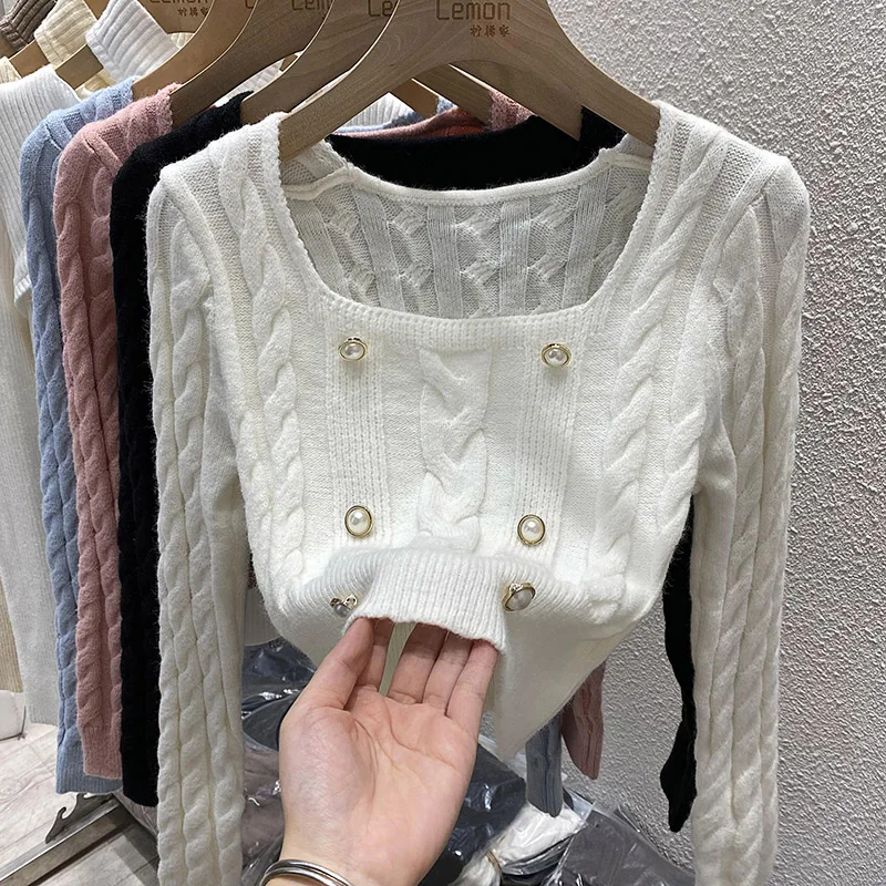 Slim Young Lady Knitting Pullovers Short Design Long Sleeve Square Collar Fashion Female Knitted Pullovers Sweet Women's Sweater
