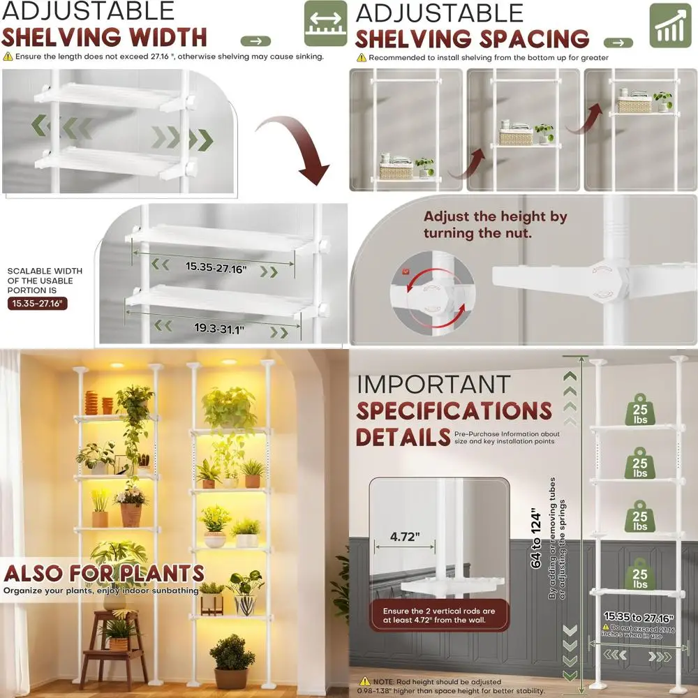 

Adjustable 4-Tier Over Toilet Storage, White Bathroom Organizer Rack, 15-27 Wide, 64-124 High, No Drill Mount