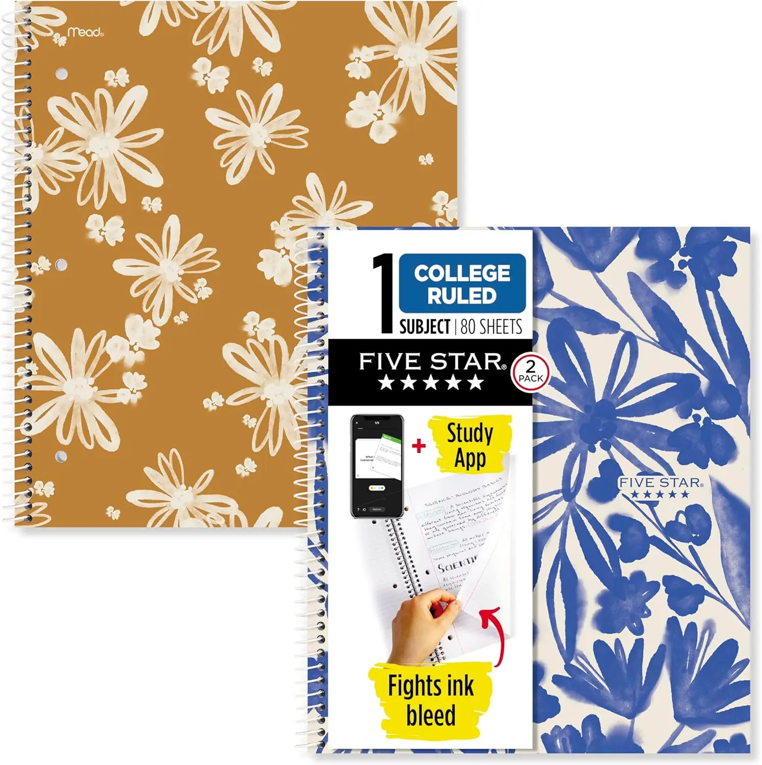 

2-Pack College Ruled Spiral Notebooks, 8.5x11, 80 Sheets, Water-Resistant Cover, Fights Ink Bleed, Tear-Out Pages, Study App Compatible