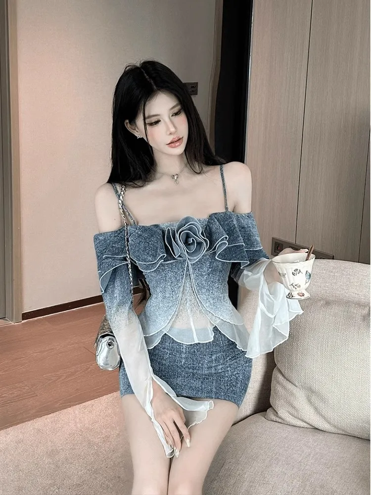 

2025 Summer New Matching Sets Denim Sexy Strapless Tops Mini Skirt Party Outfits 2 Pieces Set Women Mesh Patchwork Suit Female