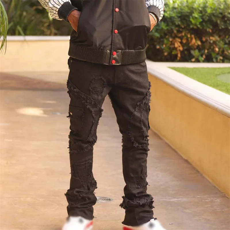 Men's Spring Autumn Casual Denim Pants Ripped Multi Pockets Slim Fit Jeans Trousers