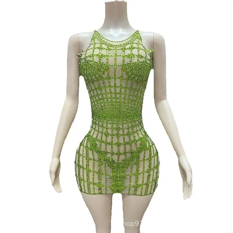 매력적인 다이아몬드 메쉬 생일 파티 드레스 무대 공연 의상 섹시한 엉덩이 랩 저녁 복장 세련되고 달콤한 이브닝 드레스