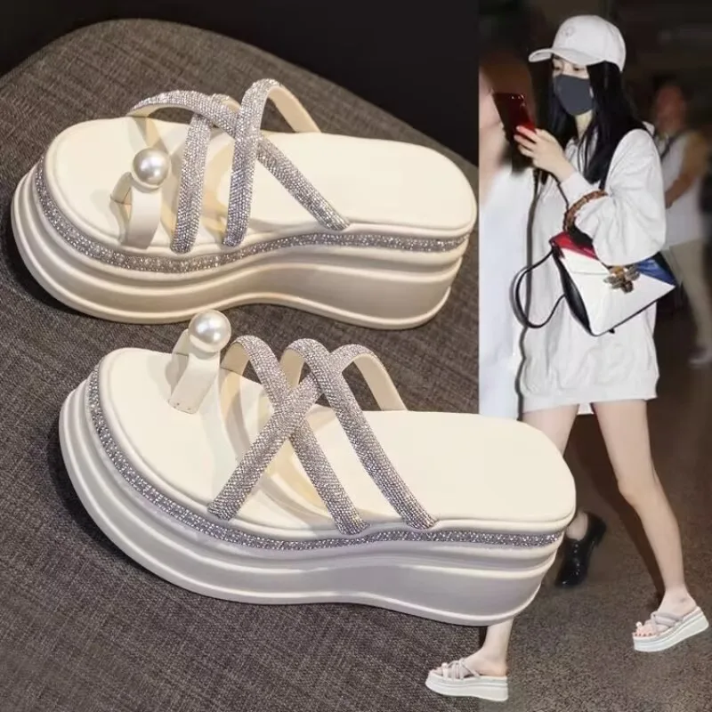 

2025 Summer New Women's Sandals Fairy Style Pearls Crystal Sandals Fashion Thick Heeled Sandals for Women Open Toe Casual Sandal