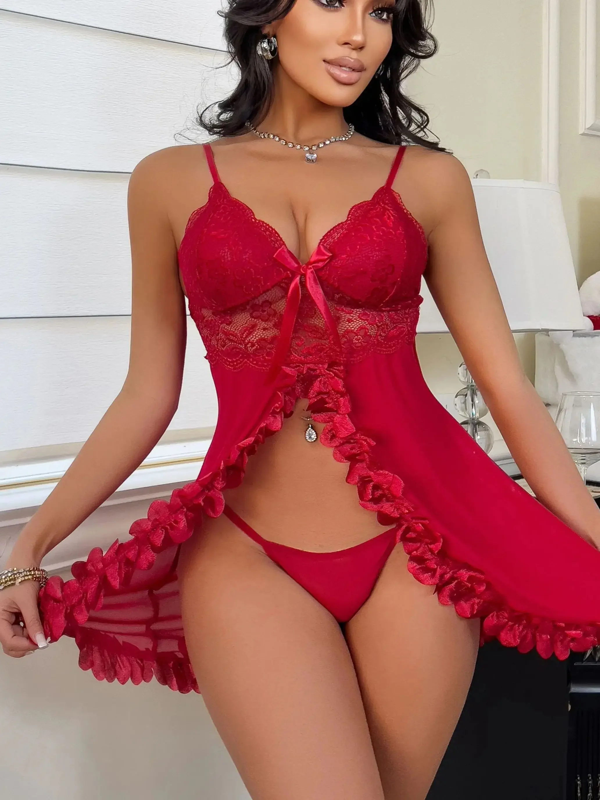 สตรีสีแดงลูกไม้ Babydoll ชุดนอน V คอปรับสายรัด Bows Ruffles ชุดชั้นในชุดวาเลนไทน์ครบรอบของขวัญซาตินเรียงราย Bo