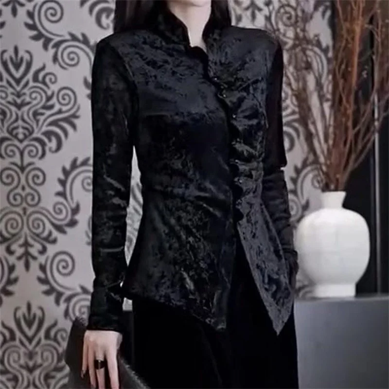 Y2K Spring Summer Velvet Shirt 2025 New Stand-Up Collar Single-Breasted Women's Clothes Top Black Fashion Chinoiserie Blouse