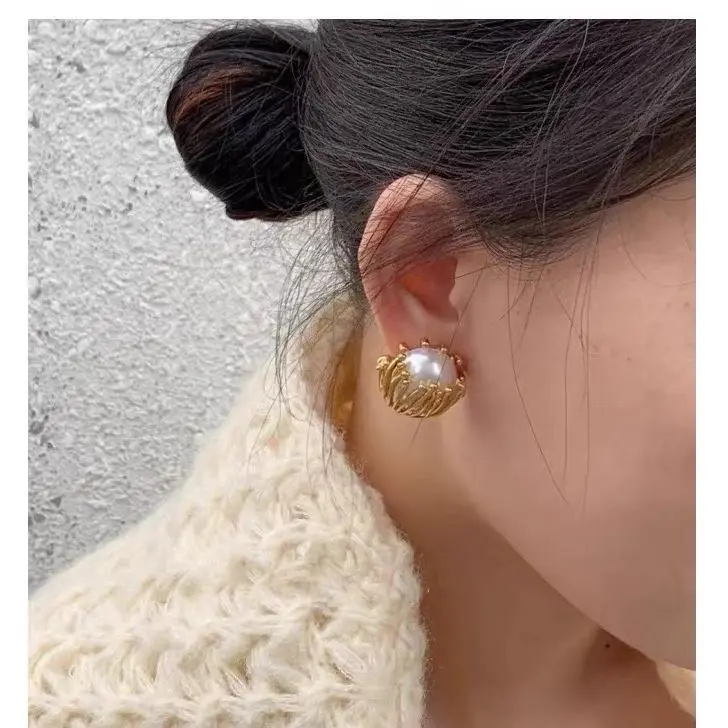 Brass With 18K Retro Faux Pearl Ball Earrings Women Jewelry Punk Party T Show Gown Runway Trendy  Korean Japan Israel  Style INS