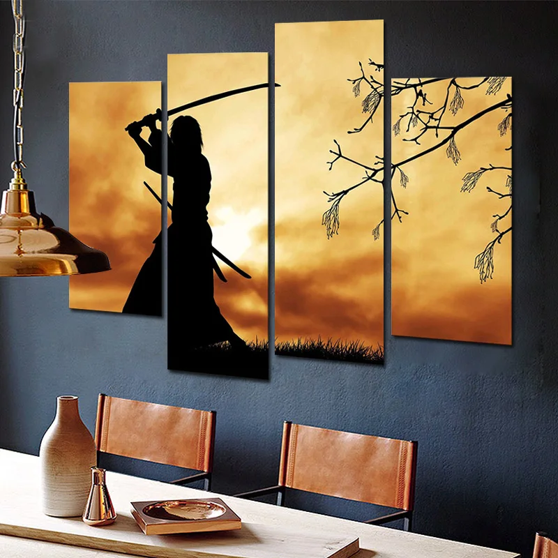 

4 Pieces Bushido Spirit Illustration Japanese Samurai Wall Art Canvas Poster Pictures Paintings for Living Room Home Decor