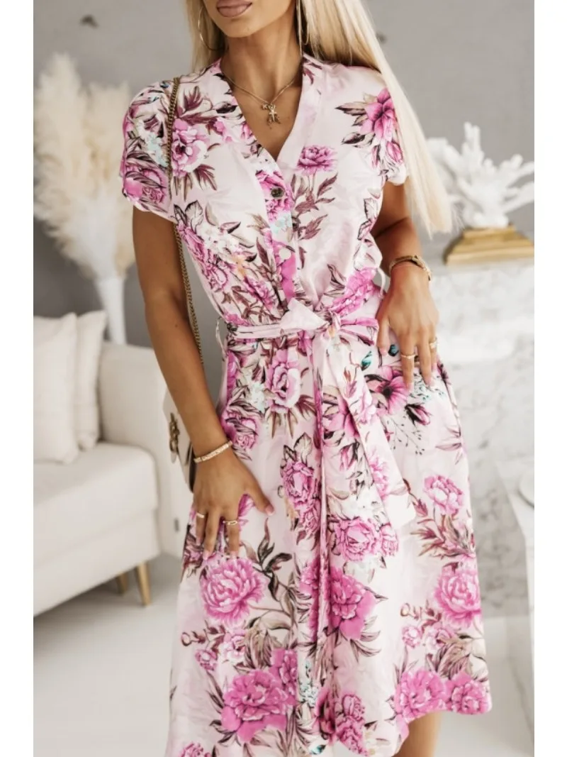Women's Fashionable Printed Belt V-neck Dress Casual Short Sleeved Button Up A-line Skirt Knee Length Skirt
