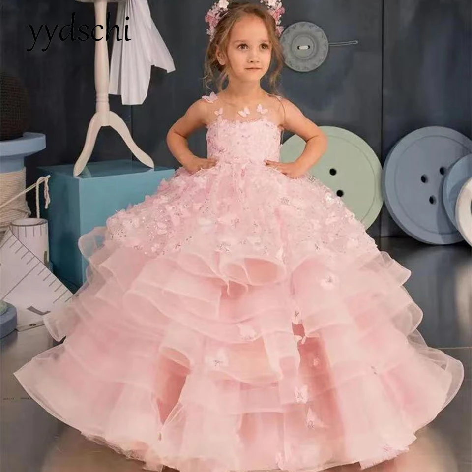 

Baby Pink Flower Girl Dresses 2023 Pretty Dress Butterfly For Wedding Pageant Ball Gowns Applique Elegant Party Dress