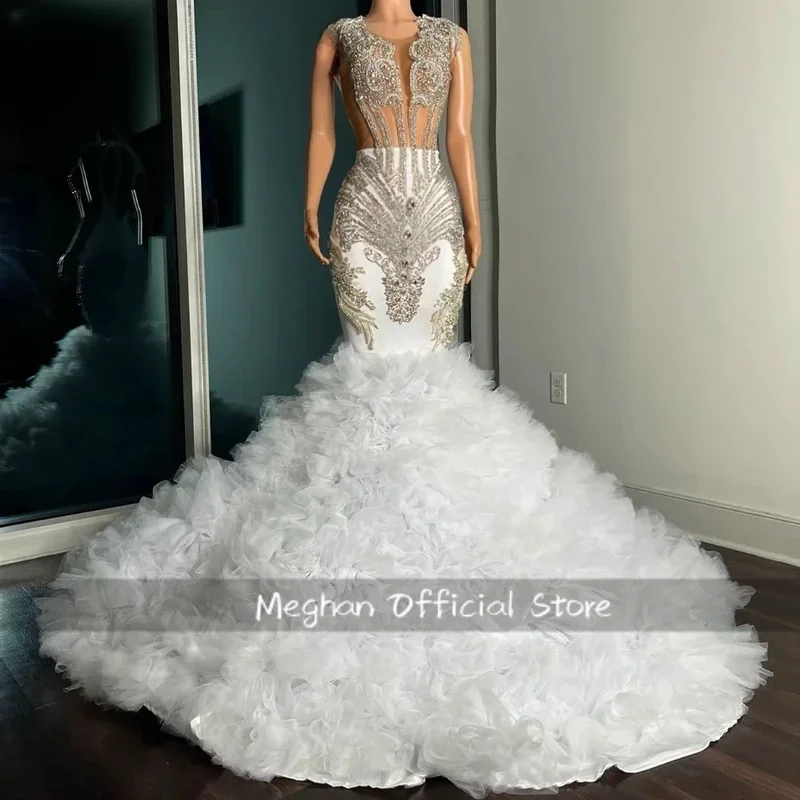 فساتين حفلة موسيقية أمريكية أفريقية فاخرة للفتيات السود حورية البحر شفافة مكشكشة كريستال المرأة رداء دي سواريه ثوب مسائي مخصص #1