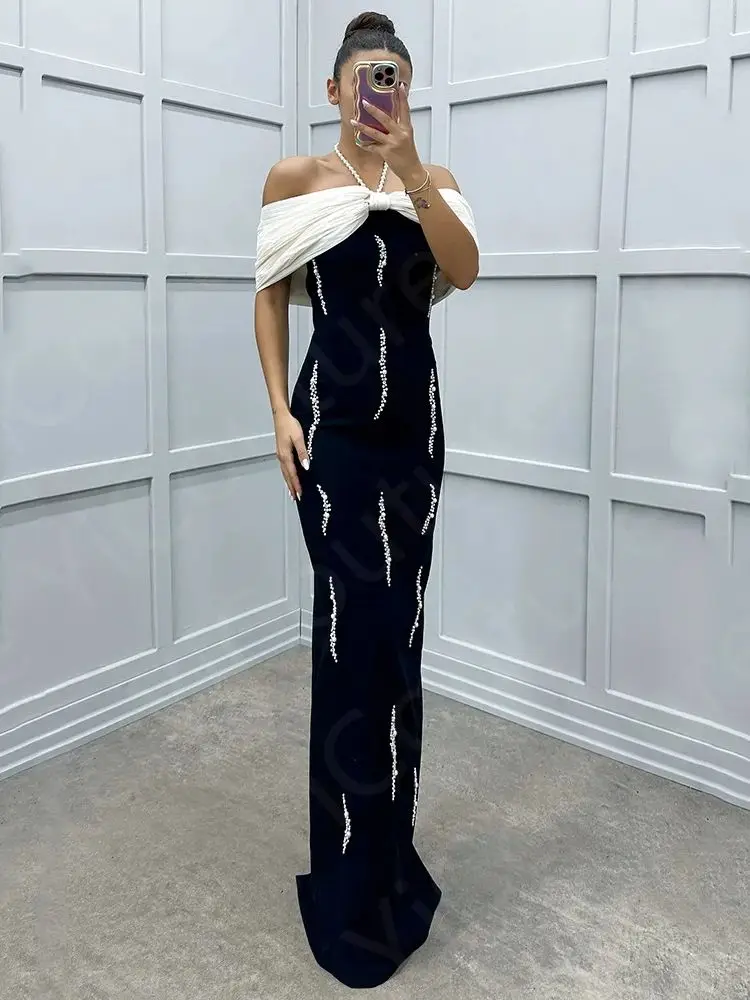 New Black and White Evening Dresses Contrast Color Prom Party Dresses Off Shoulder Halter Neck Wedding Guest Gowns Pearls 2024