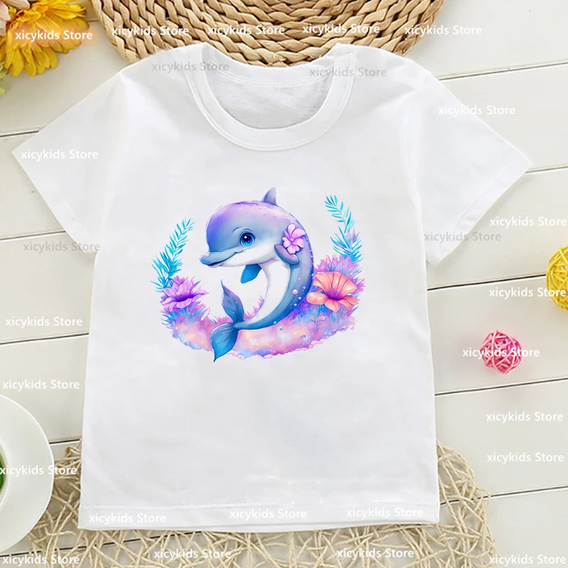 Funny Girls Tshirt Watercolor Boho Dolphin Animal Print Children'S Tshirt Summer Fashion Toddler Tshirt Cute Girls Clothes