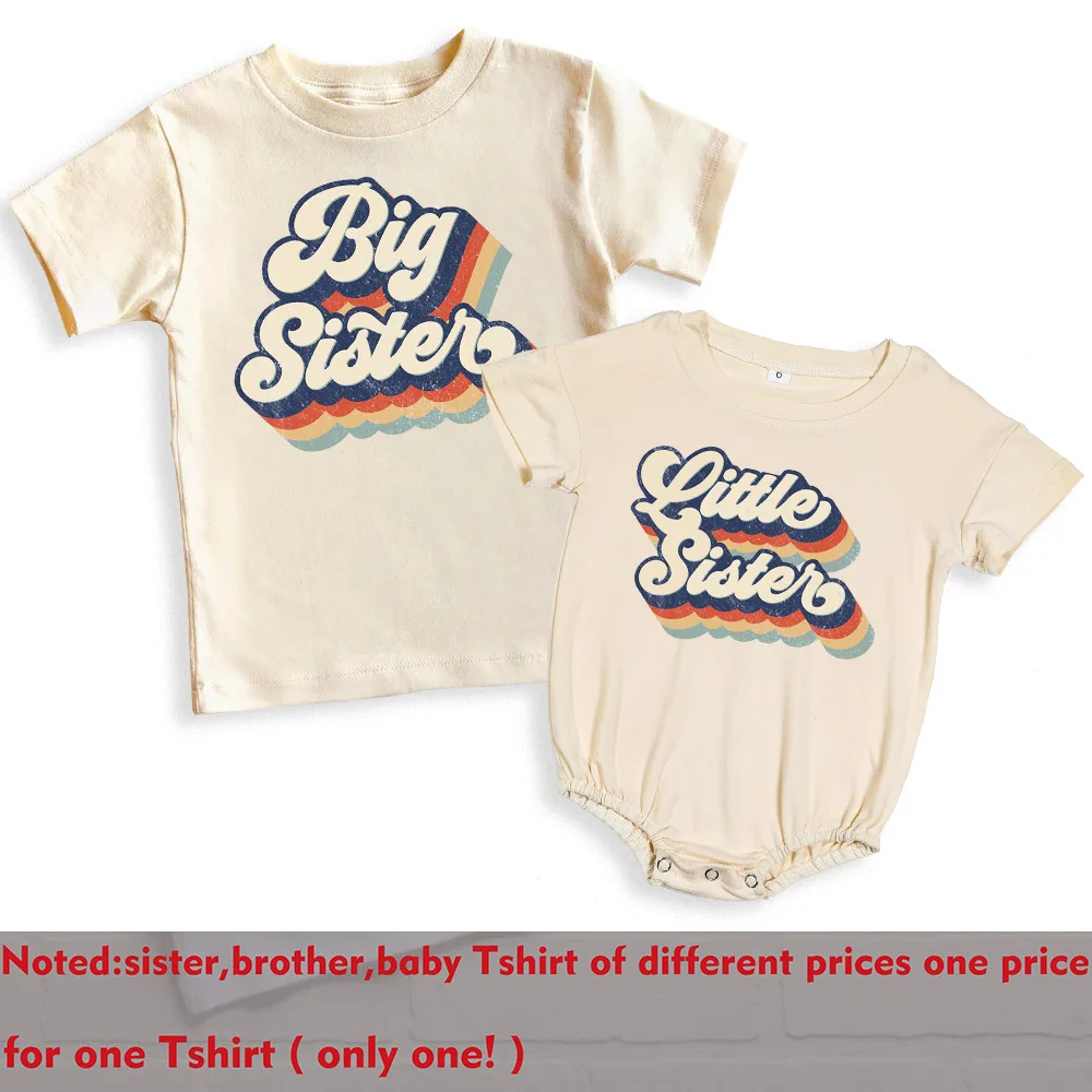 Big Bro Little Bro Printed Family Matching Outfit Shirt Retro Sibling Tee Tops Brother Sister T-shirt Baby Large Bubble Romper