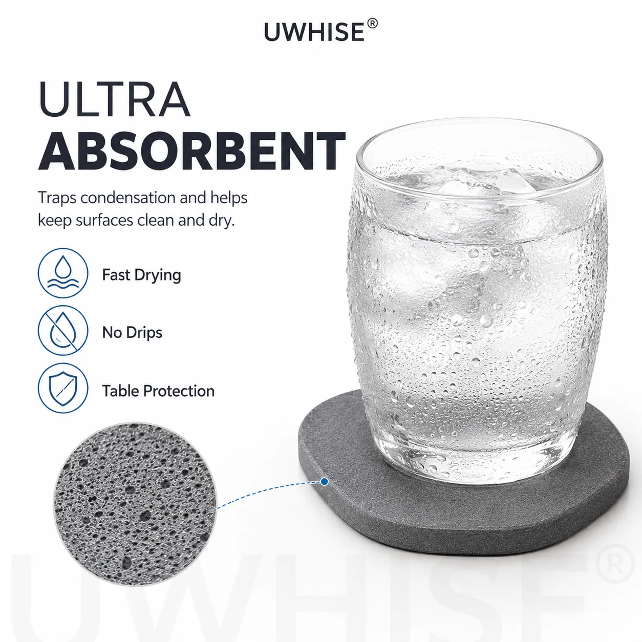 Uwhise 4/6 Pack Natural Diatomaceous Earth Coasters Super Absorbent Quick Dry Stone Cup Mat For Iced Coffee and Small Plant Pot
