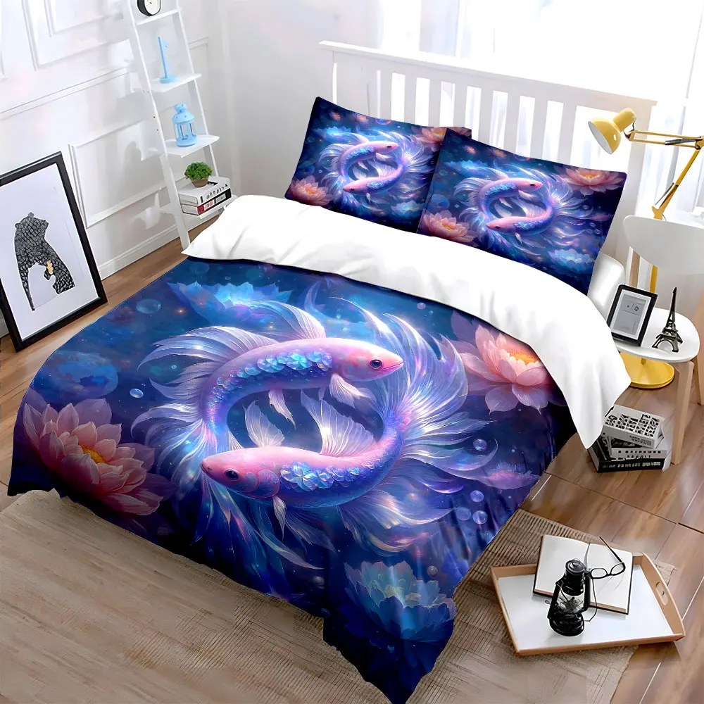 Dreamy Lotus and Vibrant Koi Duvet Cover Set with 3D Printing Design Soft Polyester Bedding Set All-Season Comfort Luxury gifts