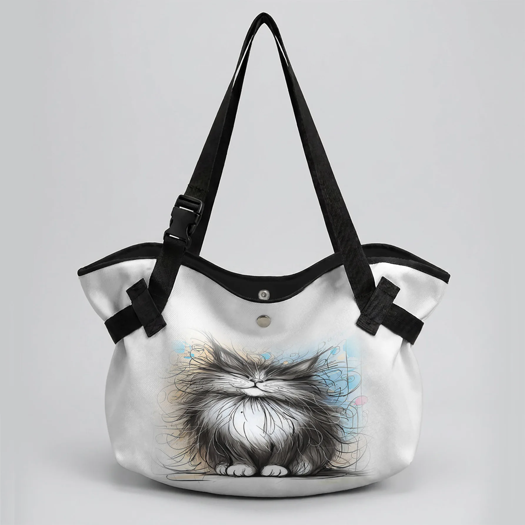 Sketch Fluffy Cat Print 2 In 1 Tote Bag & Round Picnic Mat, Waterproof Foldable Mat For Camping Beach Picnic Outdoor Travel