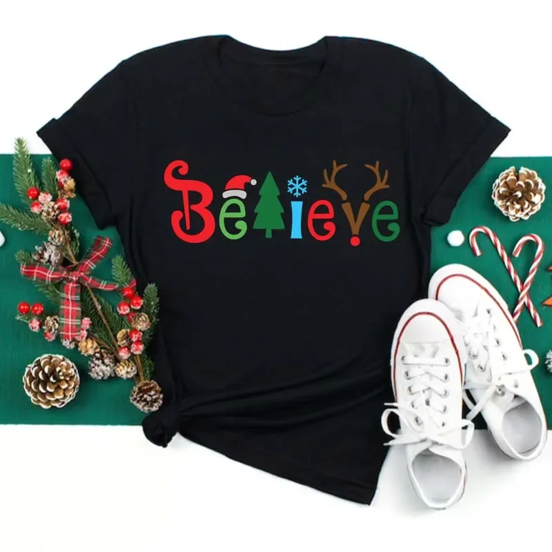 Funny Christmas Women Tops Tee Merry Christmas Letter Fashion Girl Cartoon Graphic Holiday Women Tees Clothes