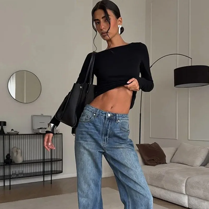 Talenza Sexy Hollow Out Long-Sleeved Top Fashion Slim Solid Backless Pullover High-Street Party Looks Spring Autumn Women's Top