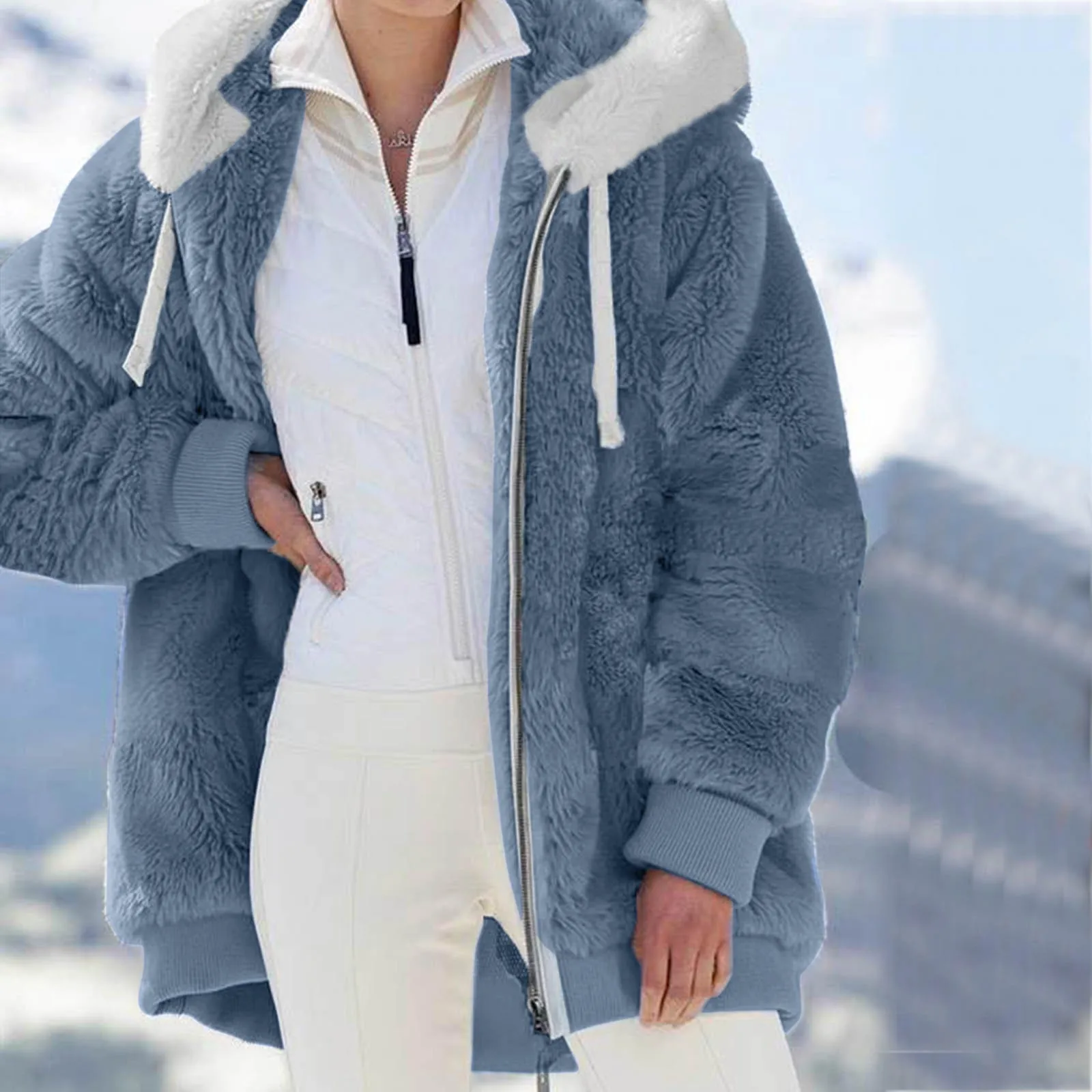 

Womens Plush Jacket Splicing Loose Plush Hooded Long Sleeve Zipper Pocket Autumn/Winter Zipper Coat Thick High Quality Outerwear