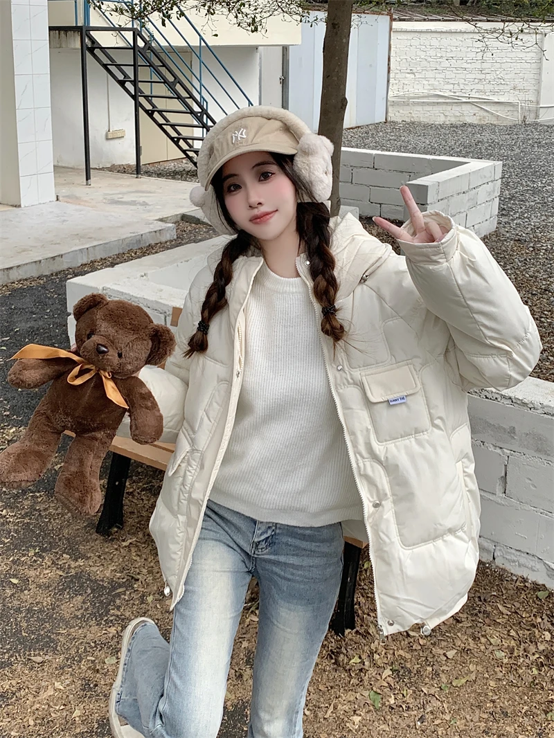 

Loose Women's Autumn Winter Cotton Jacket Short Hooded Casual Solid Zip Thicken Warm Cotton-padded Outerwear Puffer Coat Female