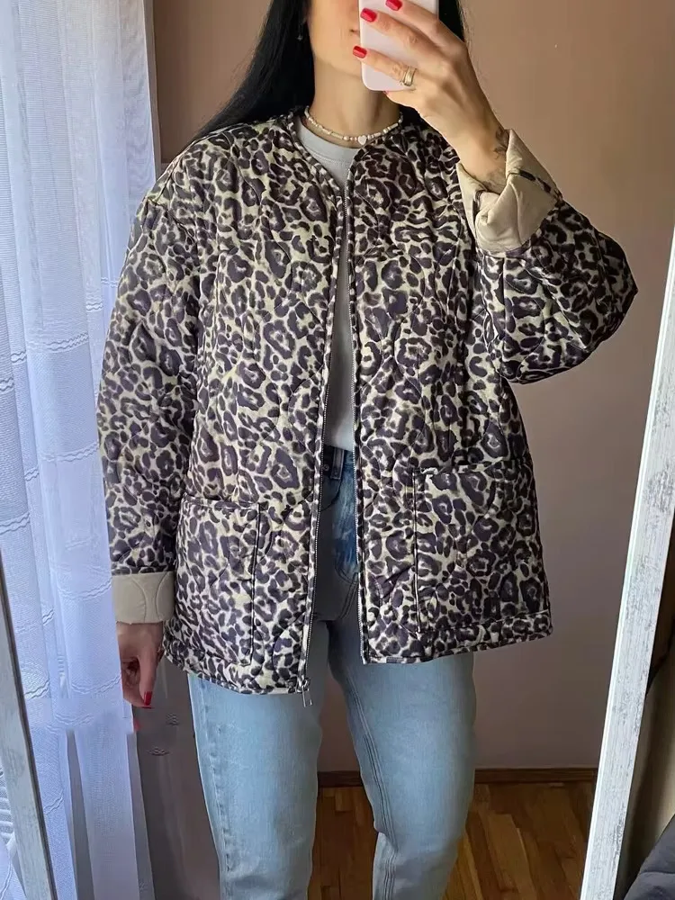 TRAF Leopard Print Jackets for Women Padded Quilted Jacket Women Long Sleeve Women\'s Jacket New in Coats and Jackets Woman 2024