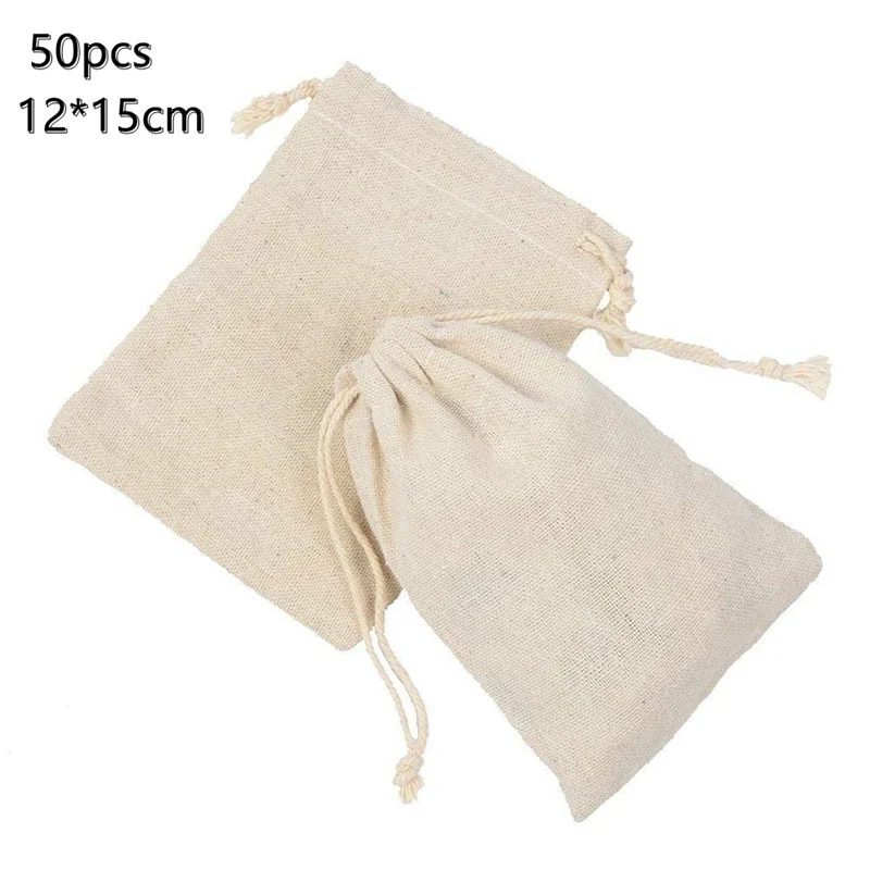 50pcs Drawstring Storage Bags Bulk Linen Calico Bags Xmas Tote Gift Bags 12x15cm DIY Pouch Reusable Home Organize Dustbag