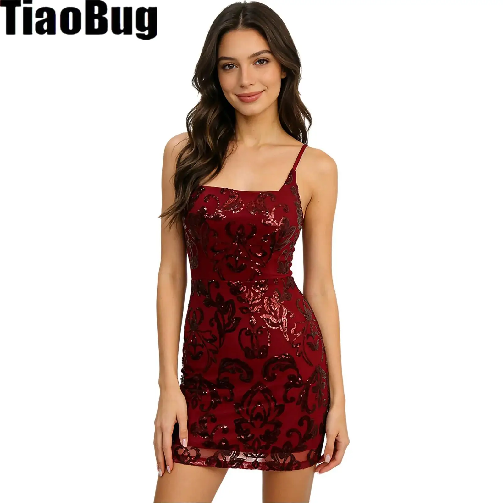 

Womens Sequined Floral Mesh Mini Dress Square Neck Backless with Lace-up Fully Lined Bodycon Dress for Birthday Party Wedding