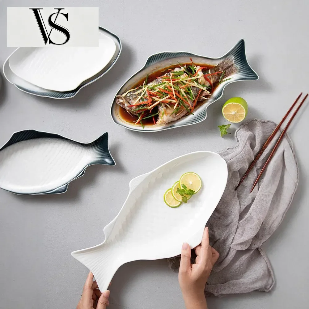 Charger Household Plates Porcelain Restaurant Kitchen Home Supplies Tableware Dishes Shaped Fish Dinner Plates Creative Ceramic