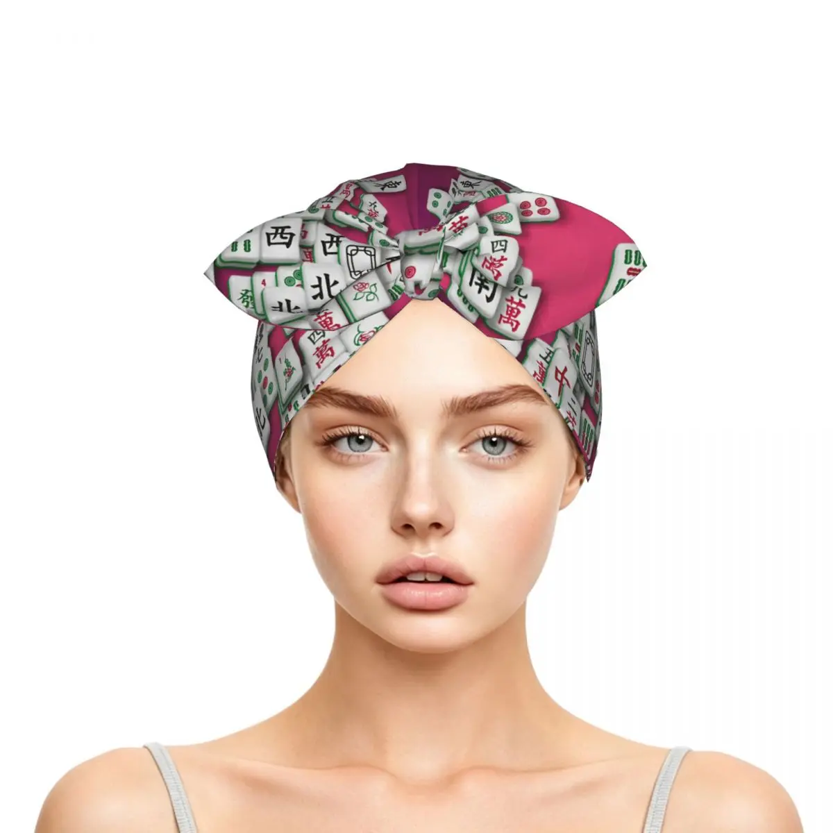 Mahjong Tile Pattern Sleep Bonnet Double Layer with Adjustable Bow, Reversible Hair Cap for Curly Braids Hair