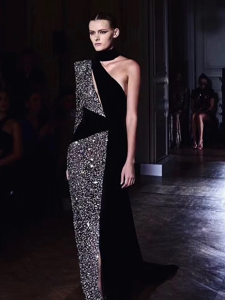 مثير كتف واحد كم طويل سبليت الترتر المرقعة تصميم فستان طويل الرسن الرقبة ثنيات ماكسي فساتين الحفلات المسائية #2