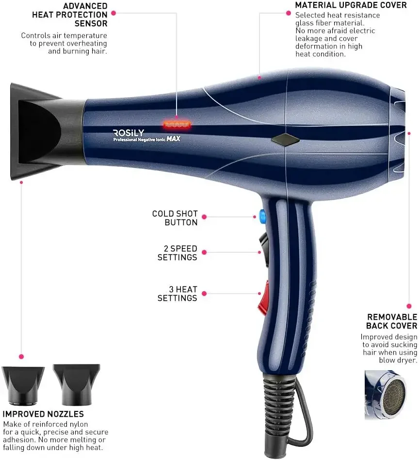 2200W Ionic Ceramic Hair Dryer | Fast Drying Salon Quality Blow Dryer with Nozzle Attachments for Smooth Shine and