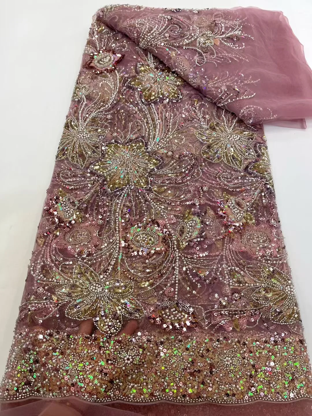 

African Heavy Beaded Lace Fabric 2025 High Quality Nigerian Sequin Pearl Lace French Tulle Fabric For Wedding Party Dress Sewing