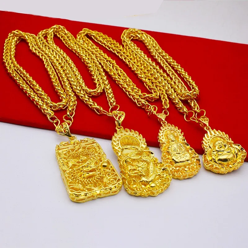 24K real gold men's necklace Guan Gong Guanyin faucet pendant domineering fashion accessories Luxurious 9999