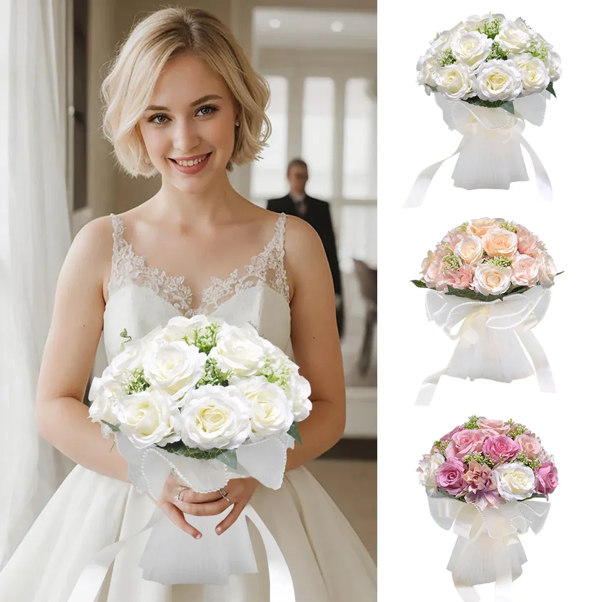 1PC Bouquet da sposa per la sposa, bouquet artificiale con nastro di seta rosa bianca per matrimonio, bouquet di rose in pizzo di perle da chiesa di nozze