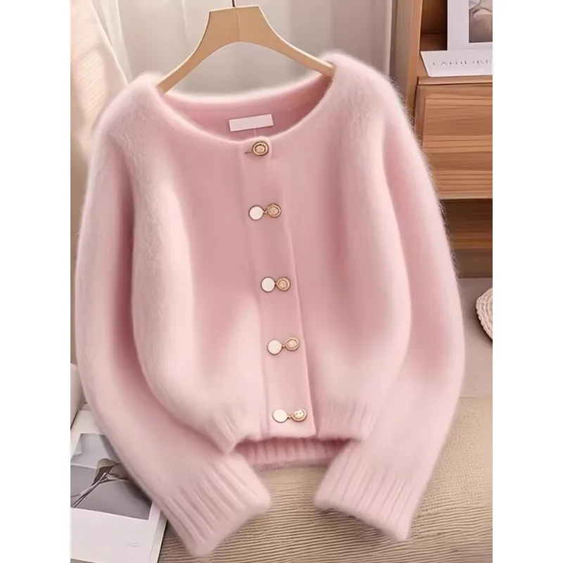 New Autumn Winter Sweater Cardigan Women Fashion Casual Pink Round Neck Loose Thick Warm Knitwear Ladies Sweater Female Top