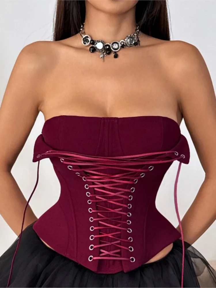 Fishbone Corset with Rope Tie Sexy Strapless Camisole Summer Fashion Slim Fit Bustier Y2k Tank Top Women Corsets Sleeveless Vest