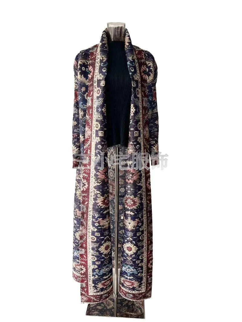 YUDX Miyake Long Sleeve Printed Dress Windbreak Women 2024 Winter New Original Designer Abayas Turndown Collar Belted Coats