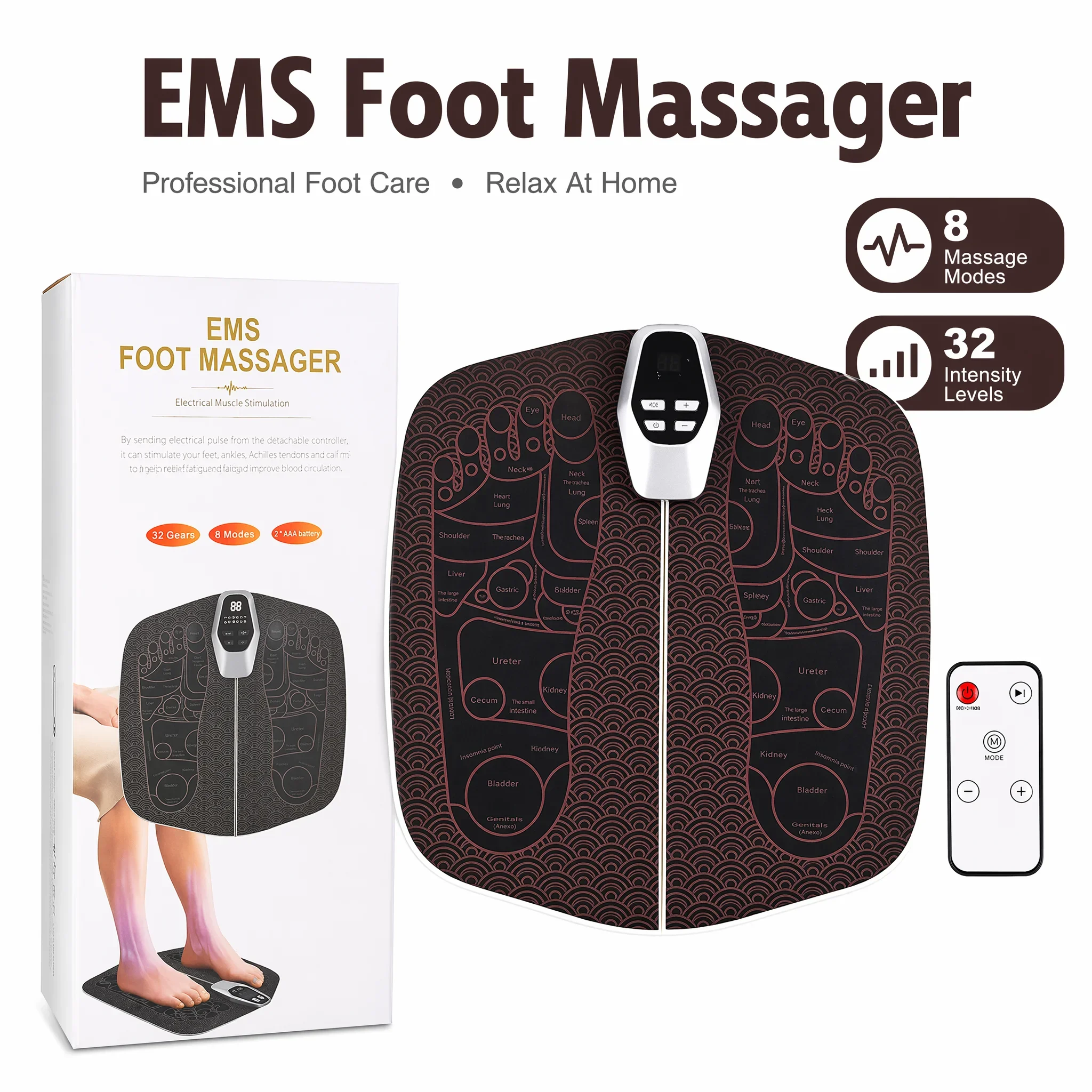 EMS Foot Massager Mat 8 Modes 32 Levels Electric Foot Stimulator for Circulation Relaxation Portable Home Foot Massage Pad with